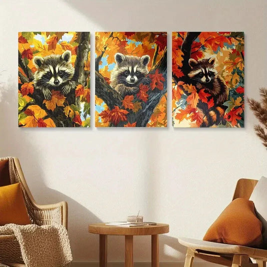 3pcs Autumn Tree Cute Raccoon Metal Print Ready to Hang Art