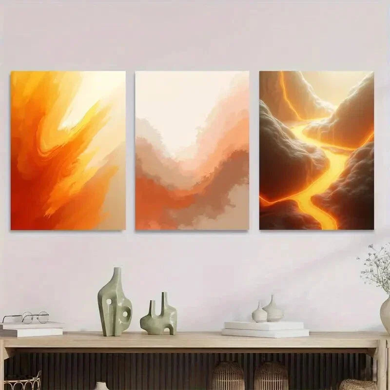3pcs Vibrant Orange Triptych Modern Abstract Metal Print Ready to Hang Art