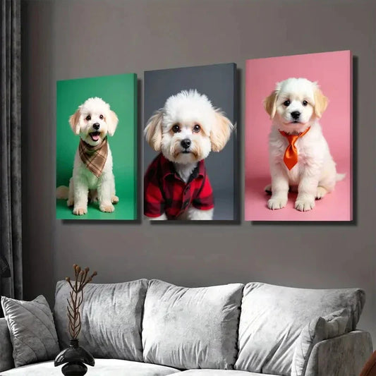 3pcs Chic & Stylish Dog Green, Gray, Pink Wall Art Set Canvas Framed 40x60cm - High Quality Print 100% Australian Made Wall Canvas Ready to Hang