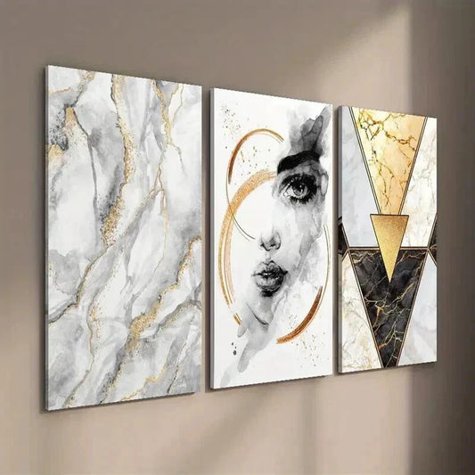 3pcs Beautiful Female Face Marble Texture Wall Art Set Canvas Framed 40x60cm - High Quality Print 100% Australian Made Wall Canvas Ready to Hang