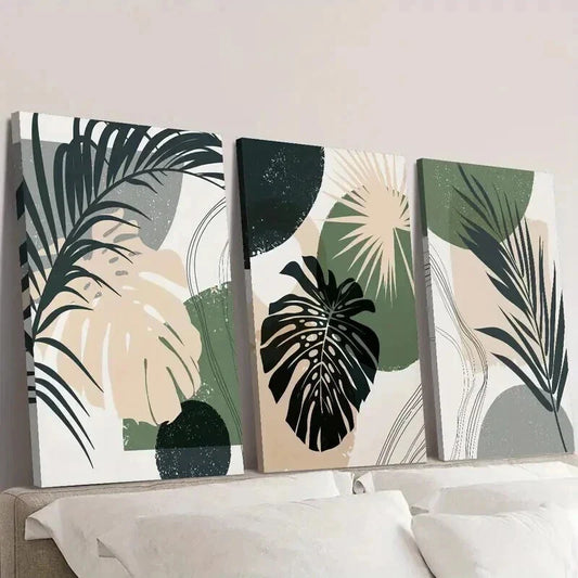 3pcs Boho Green Beige Gray Plant Wall Art Set Canvas Framed 40x60cm - High Quality Print 100% Australian Made Wall Canvas Ready to Hang