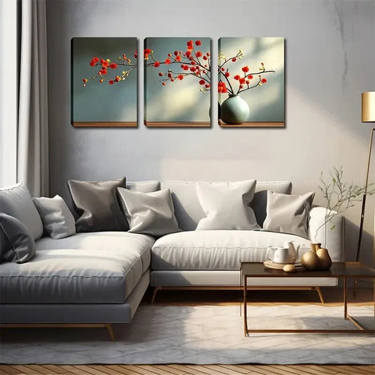 3pcs Elegant Red Plum Blossom Triptych Perfect Wall Art Set Canvas Framed 40x60cm - High Quality Print 100% Australian Made Wall Canvas Ready to Hang