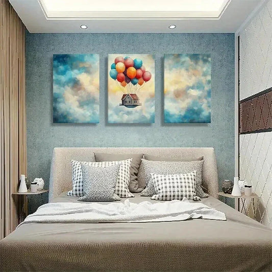 3pcs Floating House with Colorful Balloons Wall Art Set Canvas Framed 40x60cm - High Quality Print 100% Australian Made Wall Canvas Ready to Hang