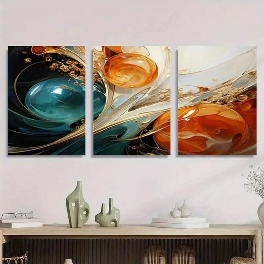 3pcs Fluid Design of Orange and Blue Bubbles Metal Print Ready to Hang Art