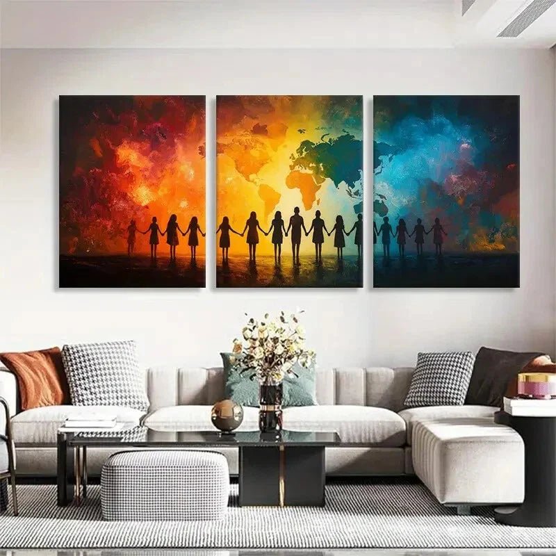 3pcs Vibrant Unity Diversity Silhouette Perfect Wall Art Set Canvas Framed 40x60cm - High Quality Print 100% Australian Made Wall Canvas Ready to Hang