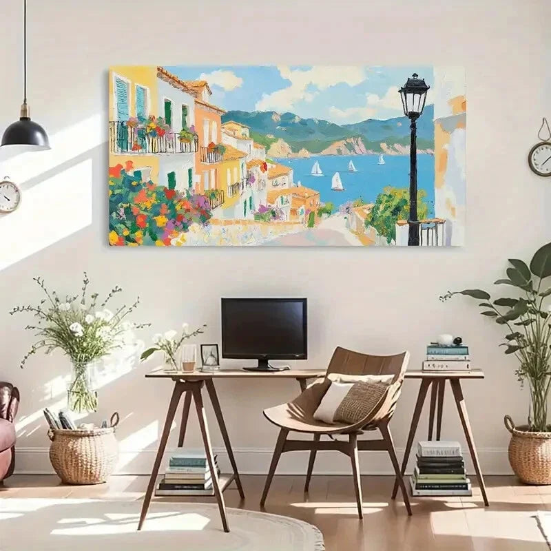 Coastal Scenery Lush Flowers Wall Art Canvas Office Home Room Framed 80x45cm