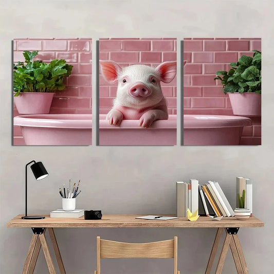 3pcs Adorable Pink Cute Playful Pig Metal Print Ready to Hang Art