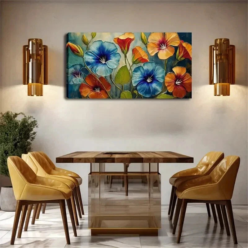 Vibrant Floral Blue-Green Field Wall Art Canvas Office Home Room Framed 120x60cm