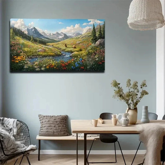Vibrant Mountain Valley Wall Art Canvas Office Home Room Framed 120x60cm