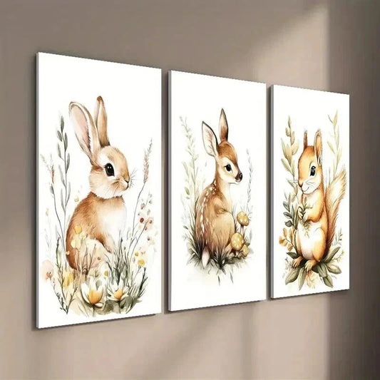 3pcs Rabbit in Flowers Deer And Squirrel Wall Art Set Canvas Framed 40x60cm - High Quality Print 100% Australian Made Wall Canvas Ready to Hang