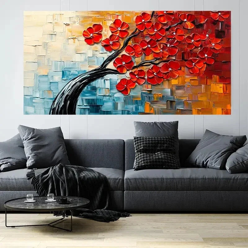 Abstract Tree with Red Leaves Wall Art Canvas Office Home Room Framed 120x60cm