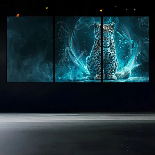 3pcs Tiger Sitting On Floor Blue Themed Metal Print Ready to Hang Art