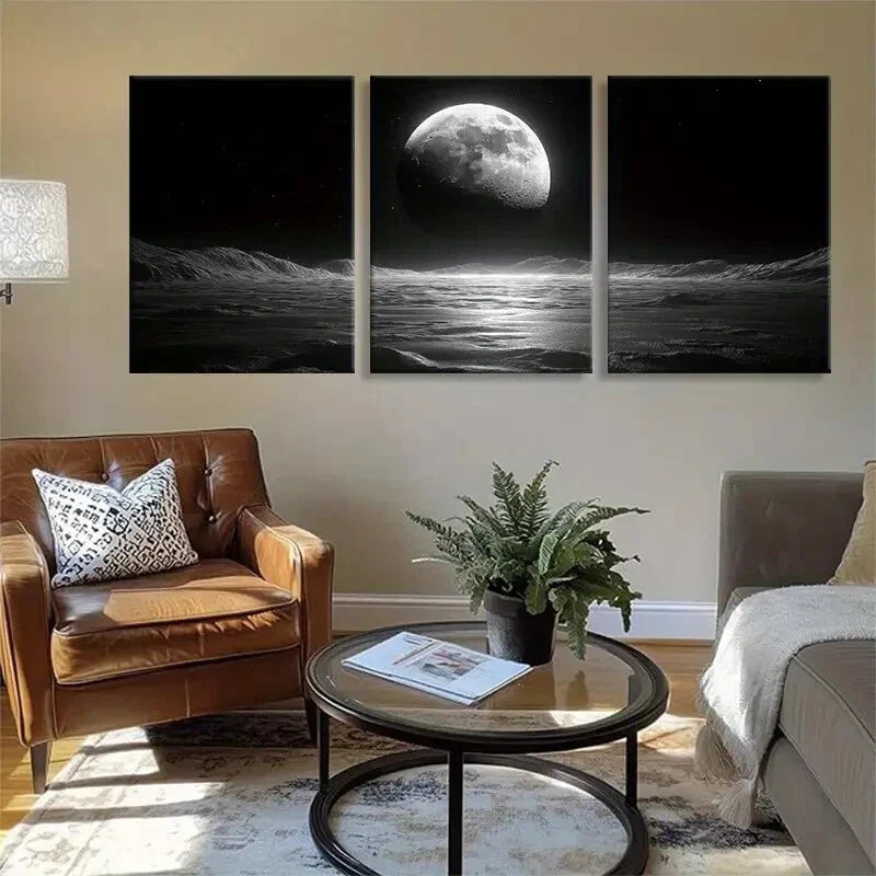 3pcs Black and White Moonlit Ocean Calm Perfect Wall Art Set Canvas Framed 40x60cm - High Quality Print 100% Australian Made Wall Canvas Ready to Hang