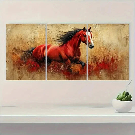 3pcs Rustic Brown & Red Horse in Motion Metal Print Ready to Hang Art