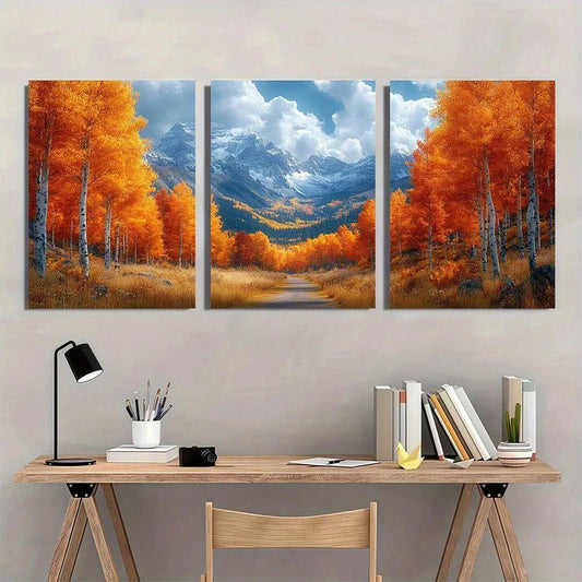 3pcs Vibrant Fall Trees & Mountain Metal Print Ready to Hang Art