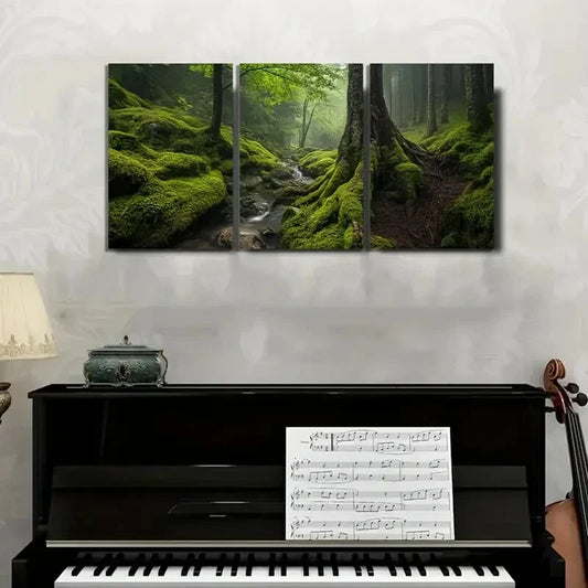 3pcs Enchanted Woodland Scene with Misty Stream Wall Art Set Canvas Framed 40x60cm - High Quality Print 100% Australian Made Wall Canvas Ready to Hang