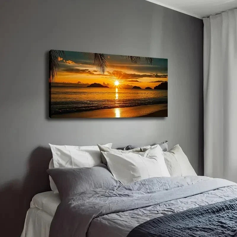 Vibrant Ocean & Palm Trees Wall Art Canvas Office Home Room Framed 120x60cm