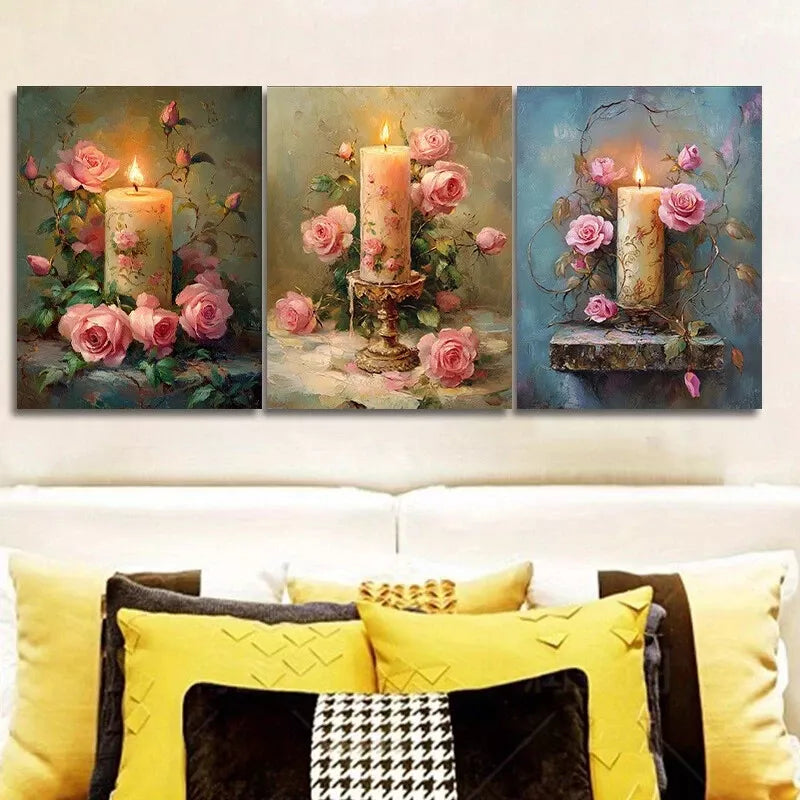 3pcs Pink Roses & Candle Wall Art Set Canvas Framed 40x60cm - High Quality Print 100% Australian Made Wall Canvas Ready to Hang