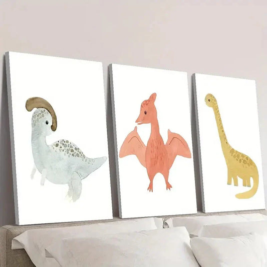 3pcs Cute Cartoon Dinosaurs Decoration Wall Art Set Canvas Framed 40x60cm - High Quality Print 100% Australian Made Wall Canvas Ready to Hang