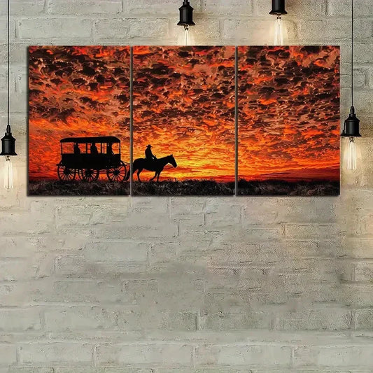 3pcs Sunset Horse and Carriage Metal Print Ready to Hang Art