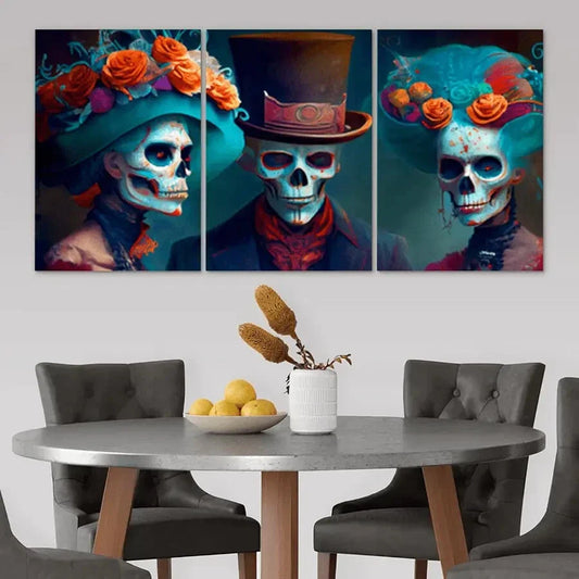 3pcs Skull Figures with Floral Hats & Expressive Metal Print Ready to Hang Art