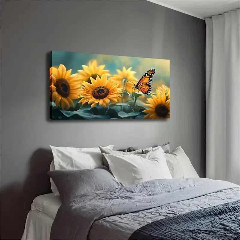 Realistic Sunflowers Butterfly Wall Art Canvas Office Home Room Framed 80x45cm