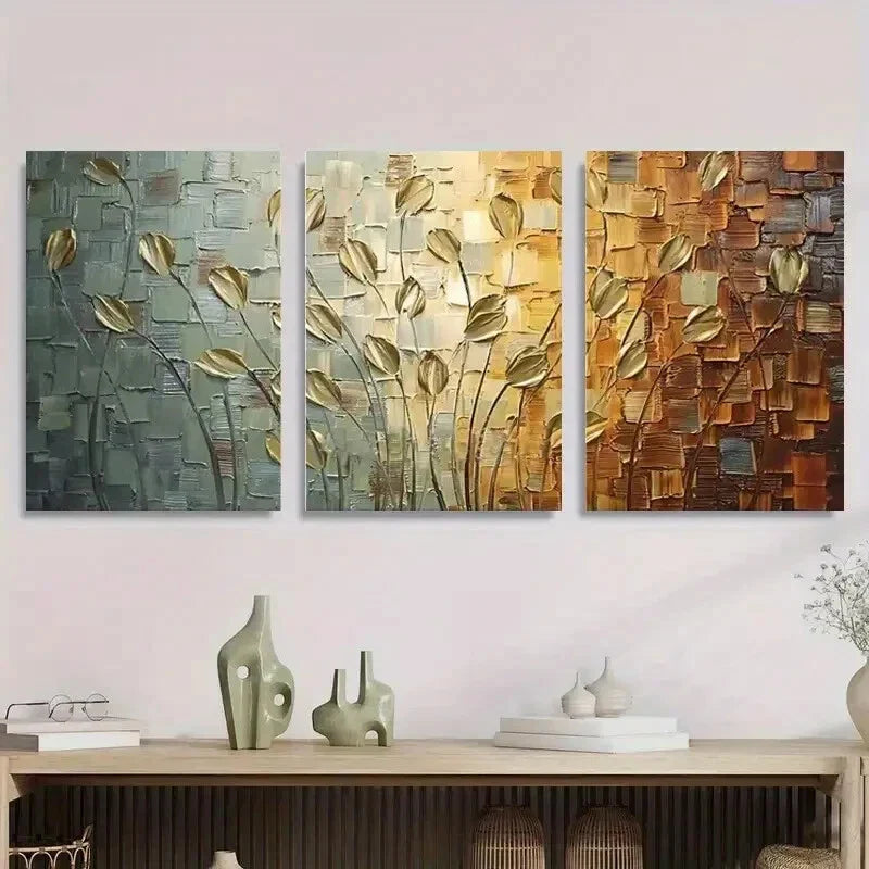 3pcs Elegant White Flowers on Soft Golden Metal Print Ready to Hang Art