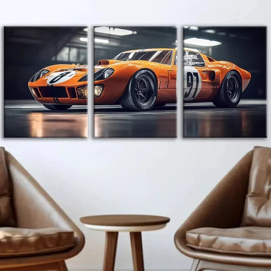 3pcs Fashion Yellow Cool Sport Car White Lights Wall Art Set Canvas Framed 40x60cm - High Quality Print 100% Australian Made Wall Canvas Ready to Hang