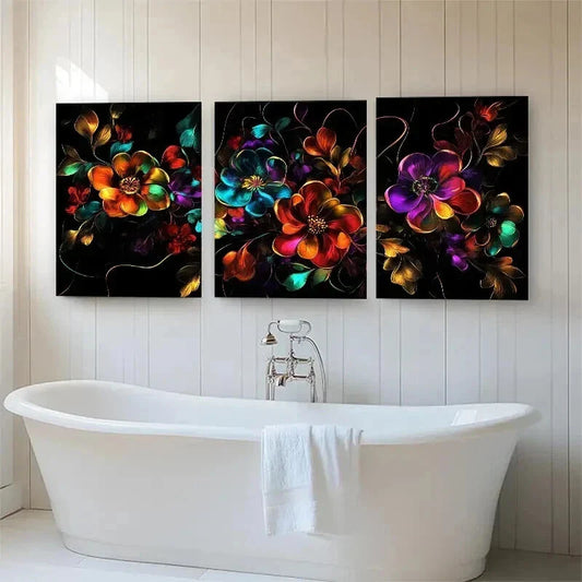 3pcs Colorful Blooming Flowers on Black Perfect Wall Art Set Canvas Framed 40x60cm - High Quality Print 100% Australian Made Wall Canvas Ready to Hang