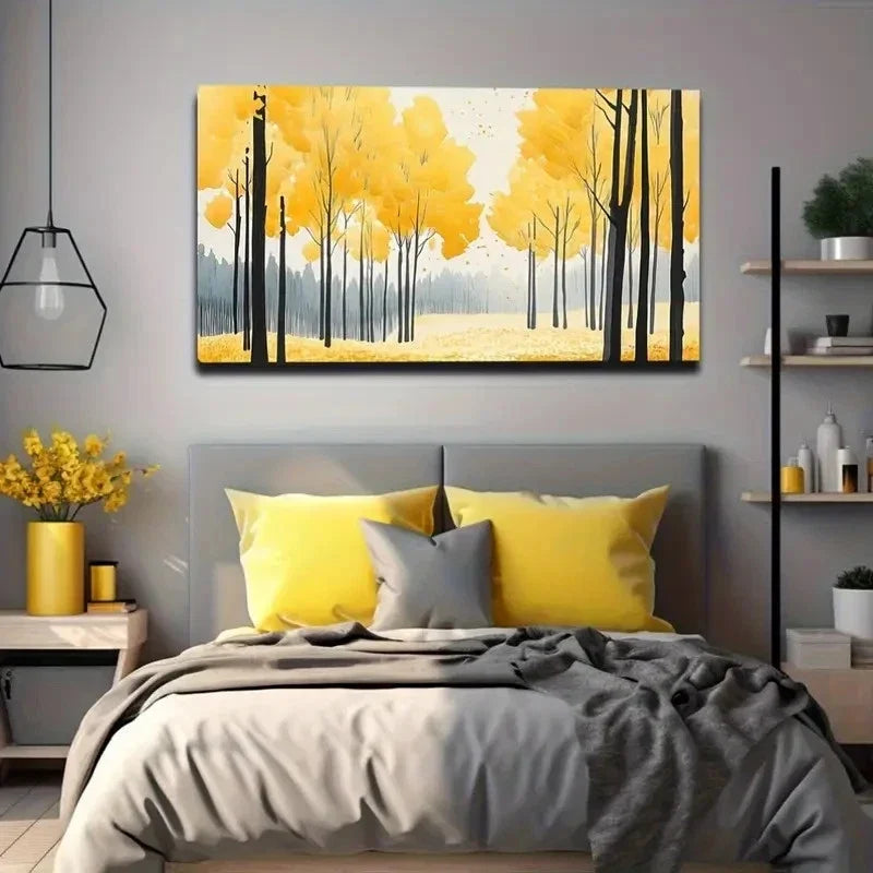 Vibrant Autumn Forest Golden Wall Art Canvas Office Home Room Framed 120x60cm