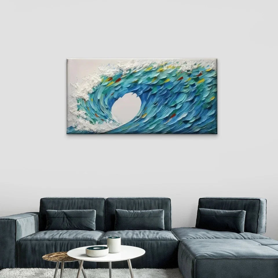 Waves Blue Green Abstract Wall Art Canvas Office Home Room Framed 80x45cm
