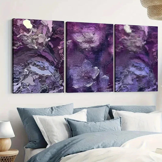 3pcs Purple Flower Abstract Elegant Artistic Wall Art Set Canvas Framed 40x60cm - High Quality Print 100% Australian Made Wall Canvas Ready to Hang