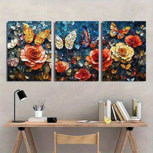 3pcs Spring and Summer Butterflies and Roses Metal Print Ready to Hang Art