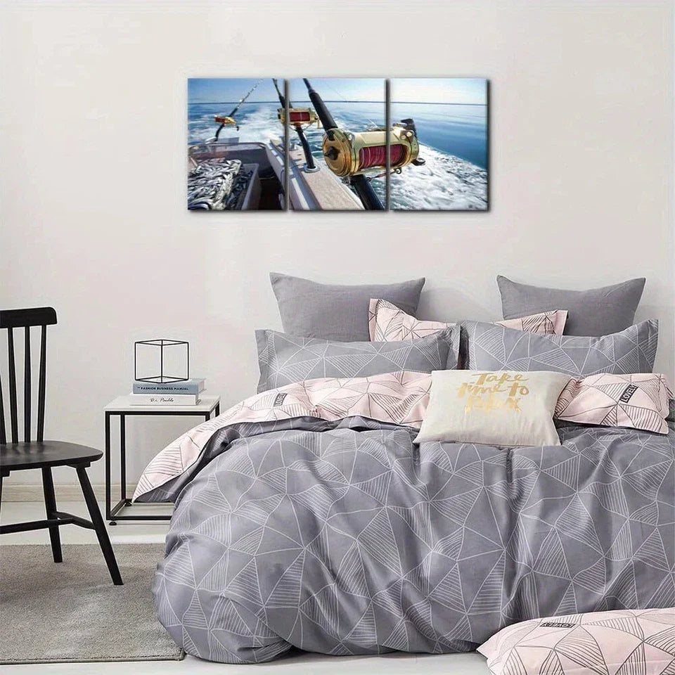 3pcs Fishing Reels and Rods White Sea Wave Metal Print Ready to Hang Art