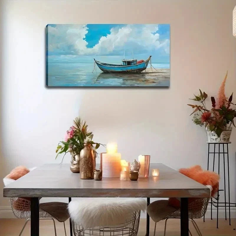 Tranquil Beach Scene With Blue Wall Art canvas office home room framed 120x60cm