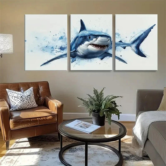 3pcs Shark Splashing Through Ocean Waves Perfect Wall Art Set Canvas Framed 40x60cm - High Quality Print 100% Australian Made Wall Canvas Ready to Hang