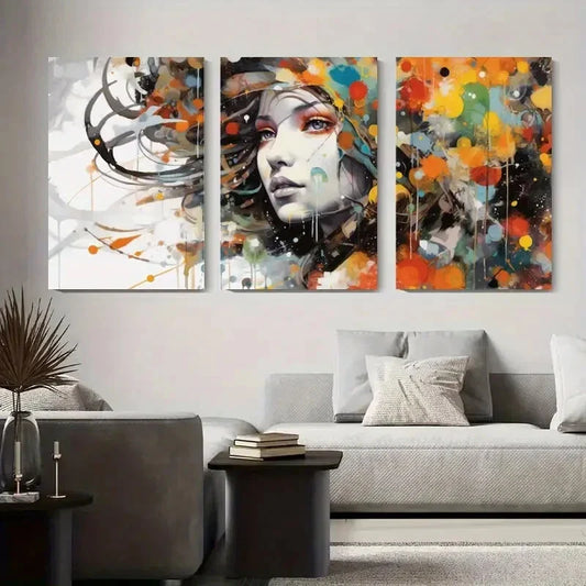 3pcs Abstract Portrait of Woman with Colorful Metal Print Ready to Hang Art