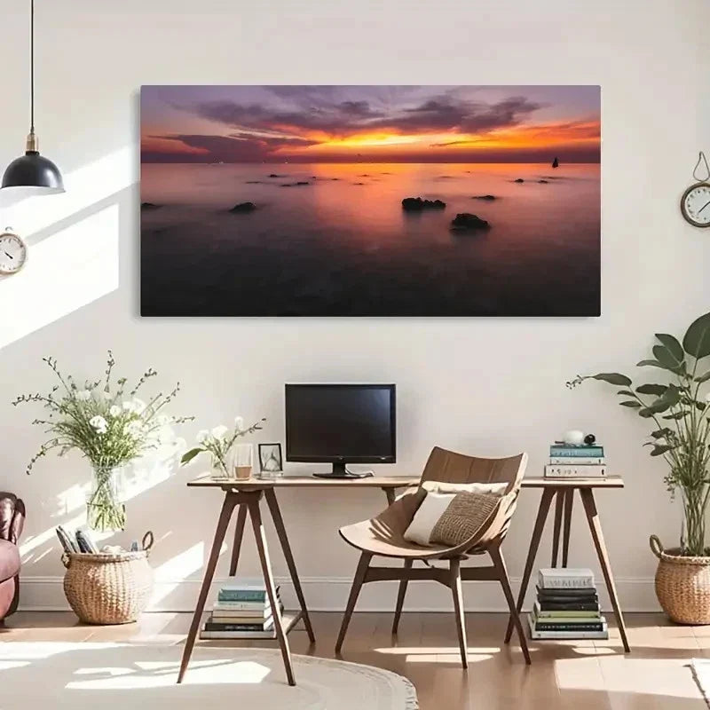 Serene Ocean Sunset Vintage Wall Art Canvas Office Home Room Framed 80x45cm