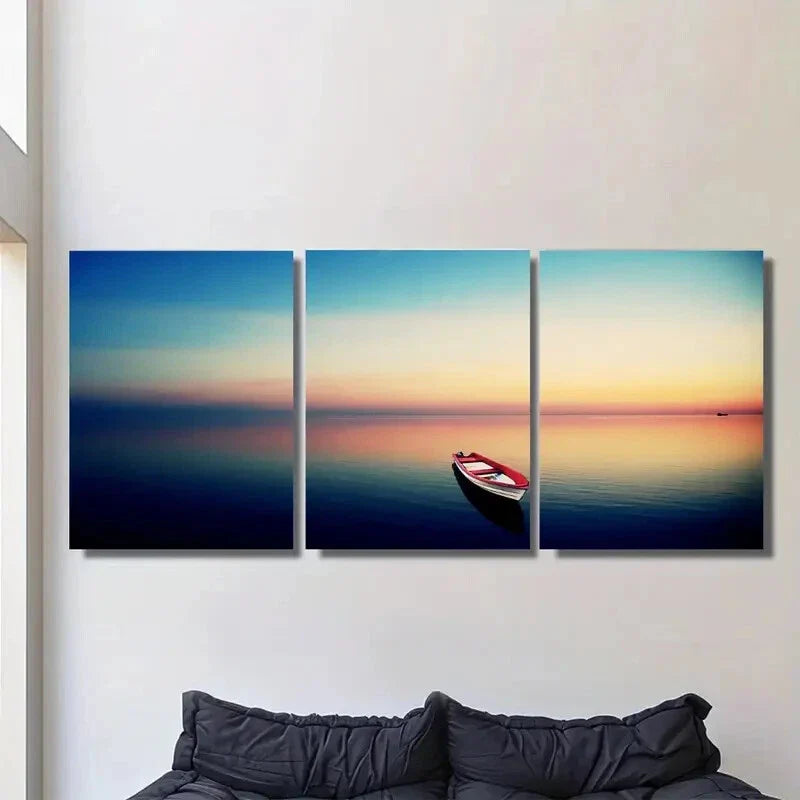 3pcs Vibrant Blue & Orange Sky, Tranquil Water Metal Print Ready to Hang Art