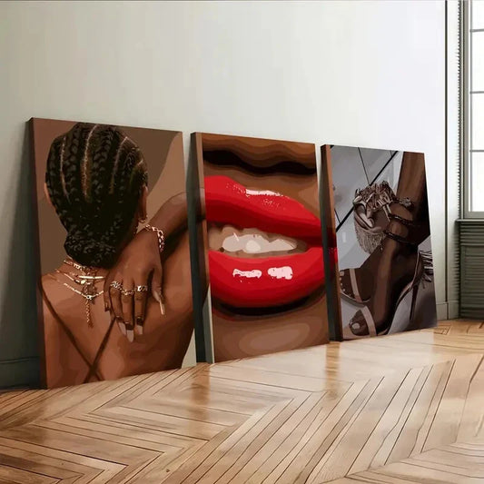 3pcs Black Female Art Boho Fashion Figures Red Wall Art Set Canvas Framed 40x60cm - High Quality Print 100% Australian Made Wall Canvas Ready to Hang