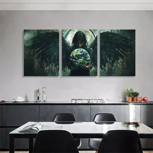 3pcs Dark Angel and Globe Mysterious Perfect Wall Art Set Canvas Framed 40x60cm - High Quality Print 100% Australian Made Wall Canvas Ready to Hang