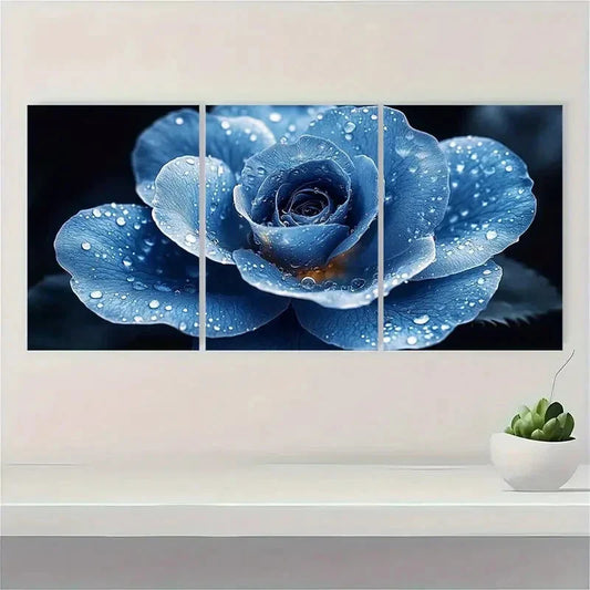3pcs Elegant Blue White Rose Floral Design Metal Print Ready to Hang Art