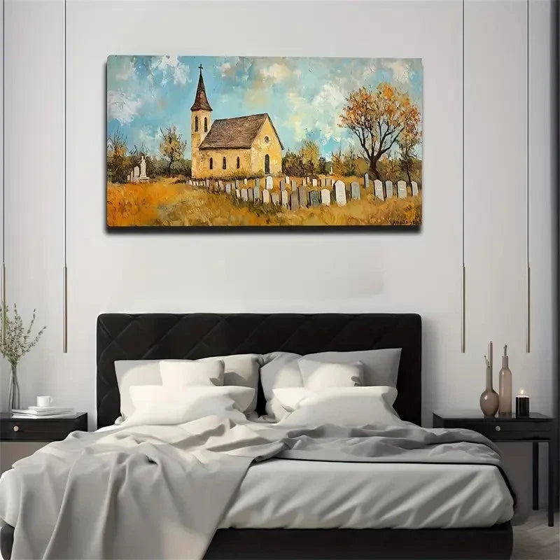 Rustic Cemetery Scene Vintage Wall Art Canvas Office Home Room Framed 120x60cm