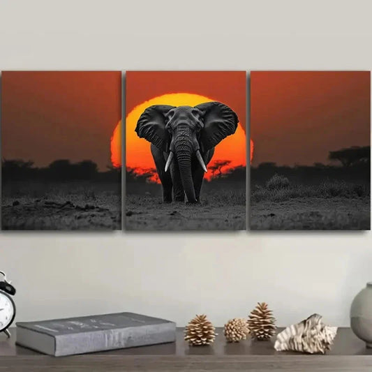 3pcs Elephant at Sunrise Triptych Classic Metal Print Ready to Hang Art