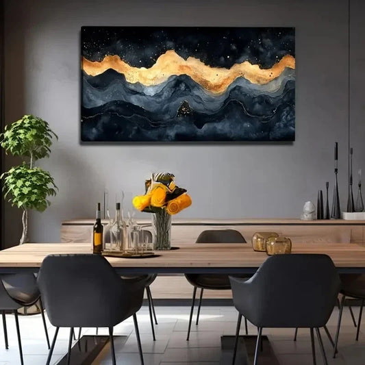 Golden Waves On Dark Night Sky Wall Art Canvas Office Home Room Framed 120x60cm