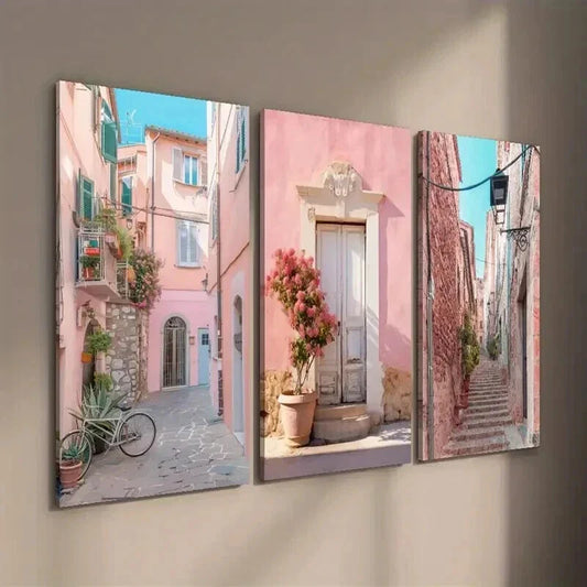 3pcs Italian Urban Pink House & Streets Wall Art Set Canvas Framed 40x60cm - High Quality Print 100% Australian Made Wall Canvas Ready to Hang