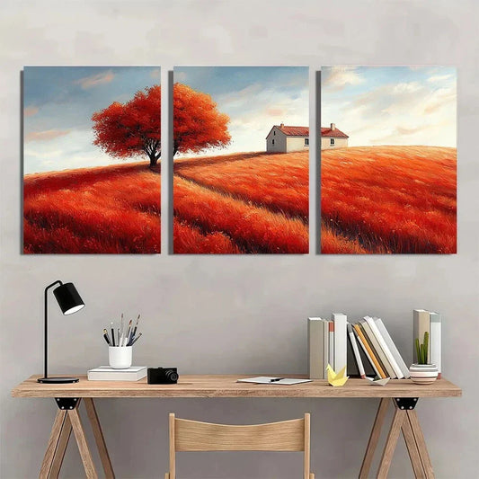 3pcs Vibrant Autumn House in Field Metal Print Ready to Hang Art