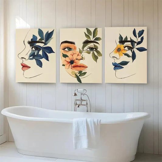 3pcs Abstract Faces & Floral Botanical Perfect Wall Art Set Canvas Framed 40x60cm - High Quality Print 100% Australian Made Wall Canvas Ready to Hang