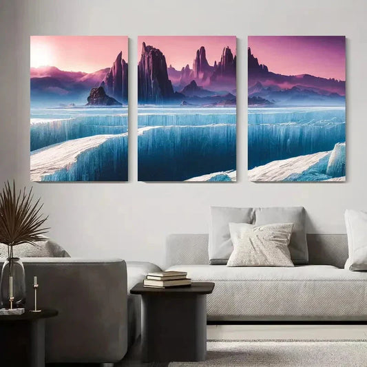 3pcs Futuristic Ice Mountains & Frozen Peaks Metal Print Ready to Hang Art