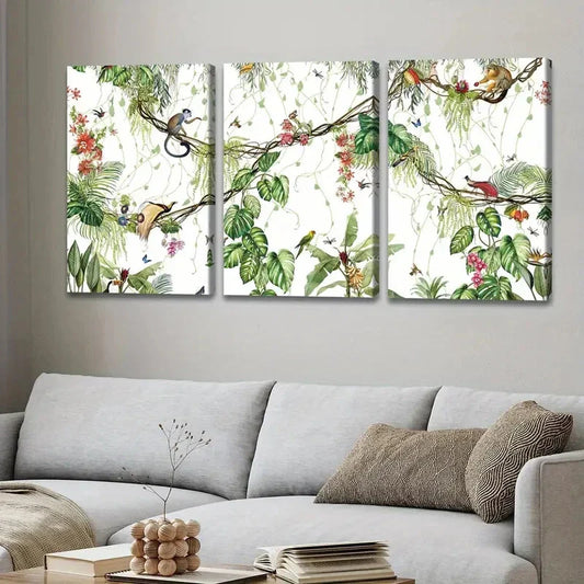 3pcs Tropical Forest Wildlife Monkey Green Leaf Wall Art Set Canvas Framed 40x60cm - High Quality Print 100% Australian Made Wall Canvas Ready to Hang